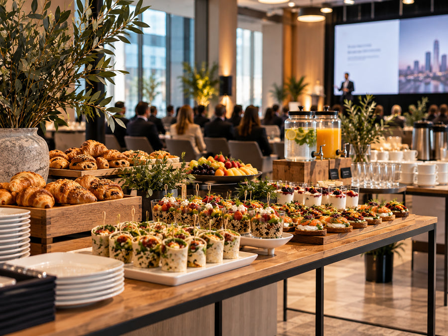 Buffet de coffee break con croissants, wraps y zumos en un congreso, con una ponencia al fondo