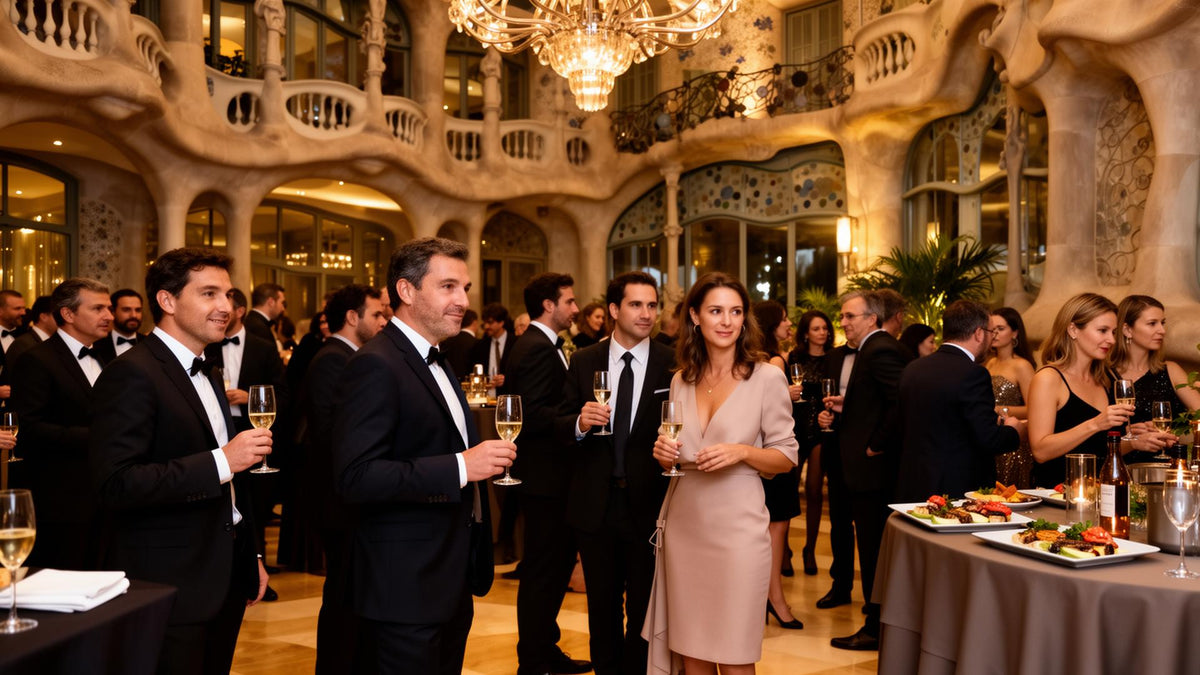 Invitados con copas de cava en un cóctel de gala en un edificio modernista de Barcelona
