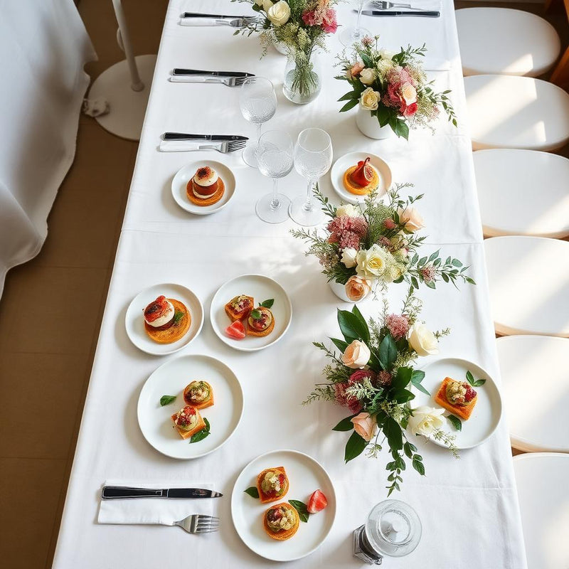 Mesa de cóctel con platos de aperitivos de autor y centros de flores sobre un mantel blanco