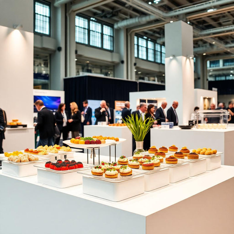 Mostrador de catering con tartaletas y dulces en un stand de una feria profesional