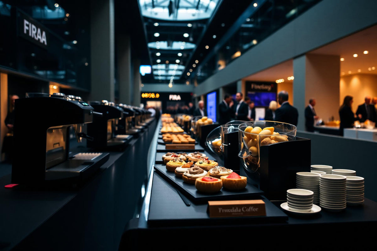 Mostrador de catering en una feria con máquinas de café, bollería y tartaletas, y asistentes conversando al fondo