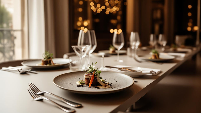 Mesa montada para una comida de empresa, con plato de autor, copas y cubertería en un salón con luz cálida