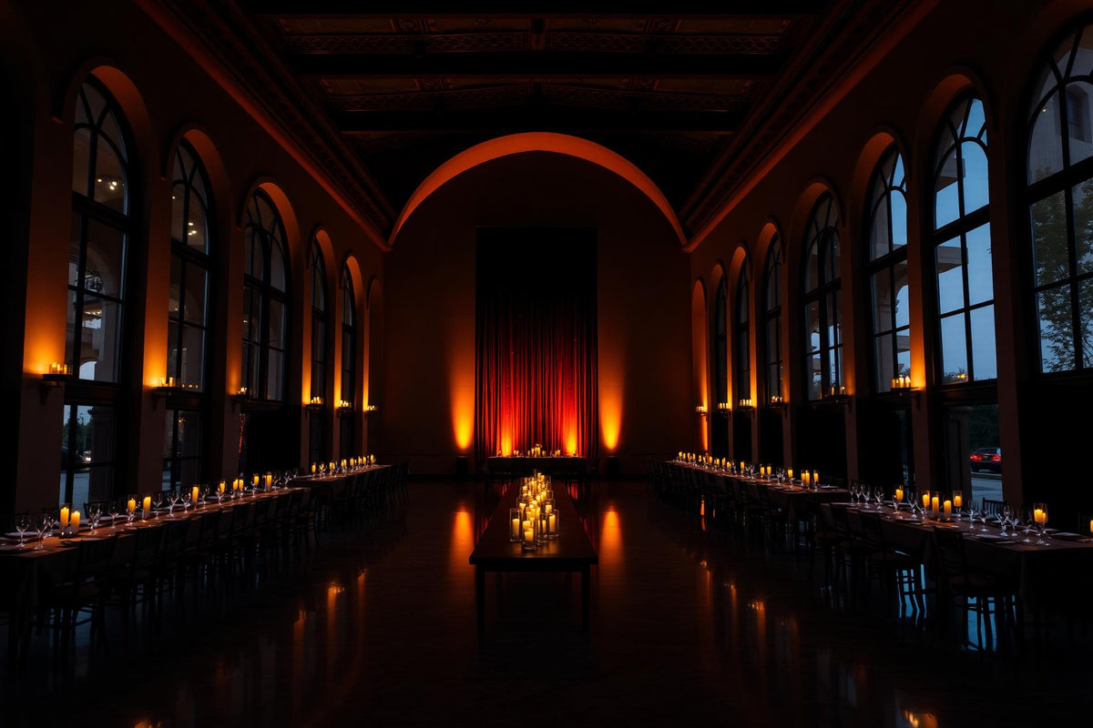 Cena de gala de Actual Catering en un salón con ventanales de arco e iluminación cálida